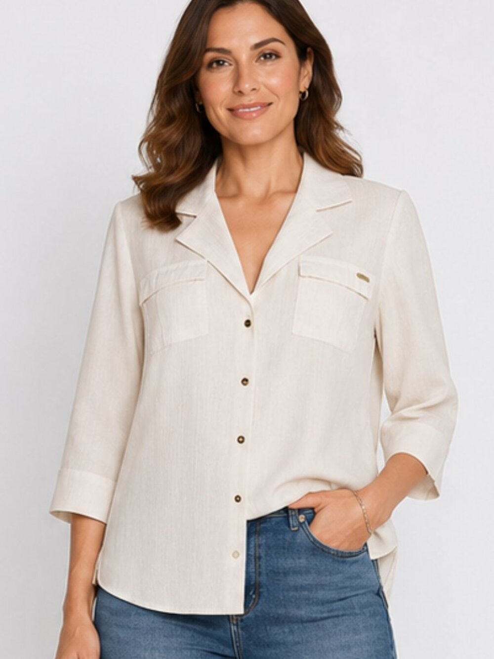 Bebe Medium Cream V Neck Gold Snap Closure 3/4 Sleeve Roll Tab Semi Sheer Top